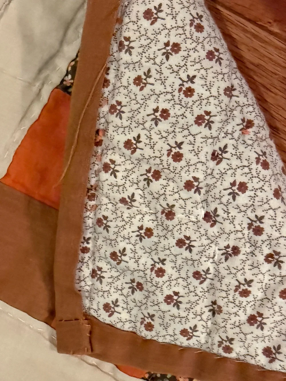 VTG Handmade Appalachian Granny Patchwork Quilt Cream, Orange & Brown 85 x 75
